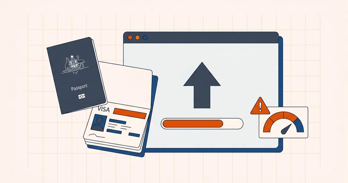 Passport and visa documents uploading to the Australian ImmiAccount portal beside a document size gauge