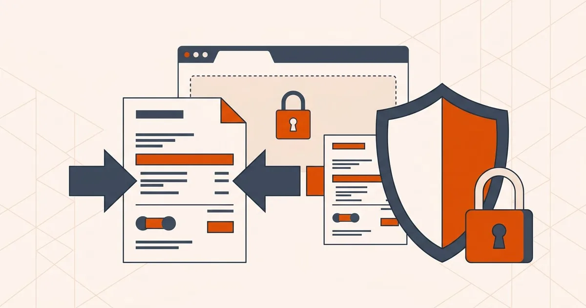 Bank statement PDF protected by a padlock shield being compressed for a secure online portal upload
