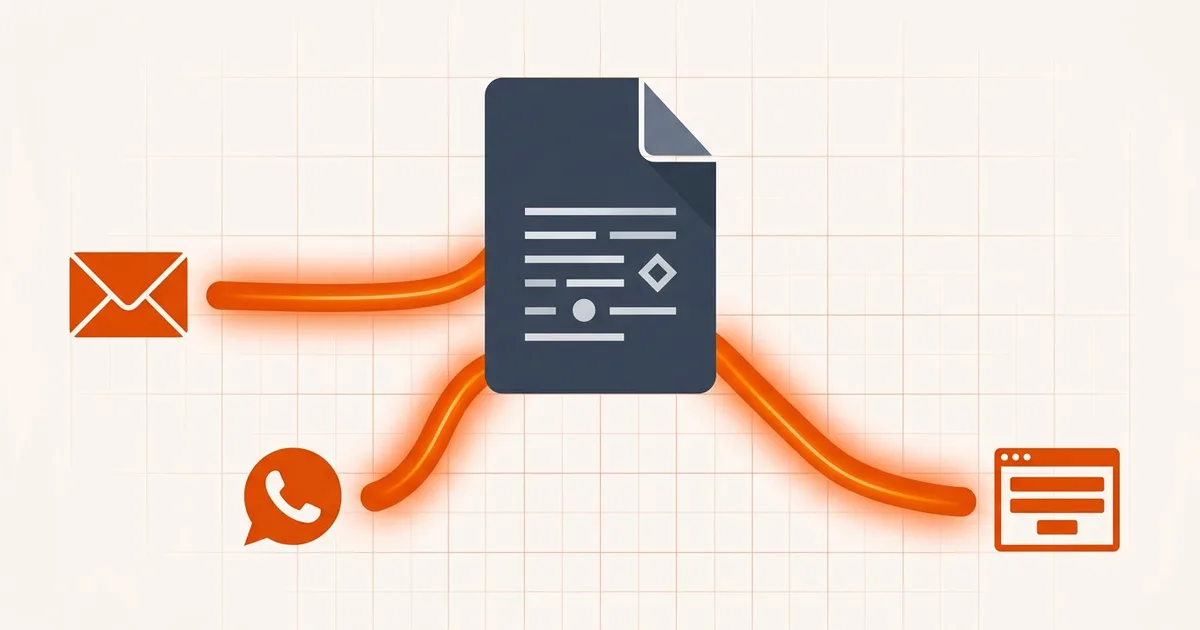 One large PDF splitting into three paths toward an email attachment, a messaging chat bubble, and an online form