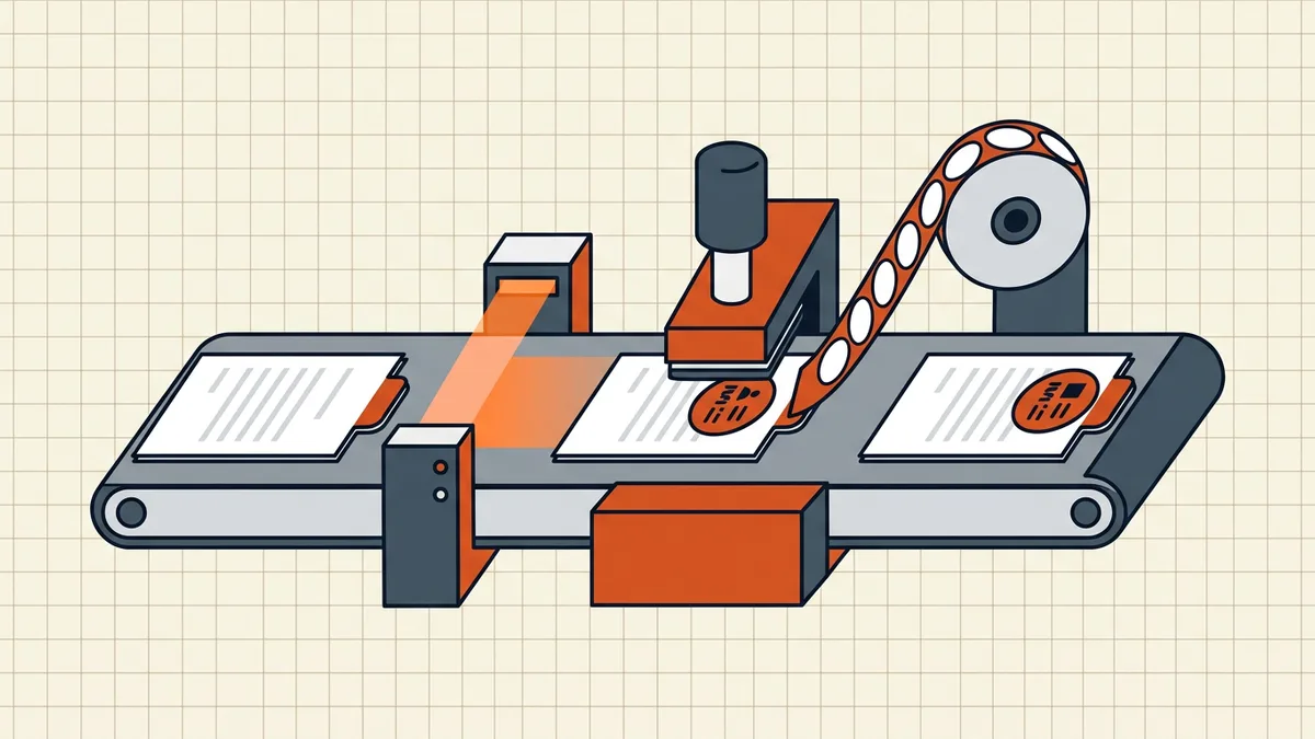 PDF sheets fed through a stamping machine that prints content-derived labels
