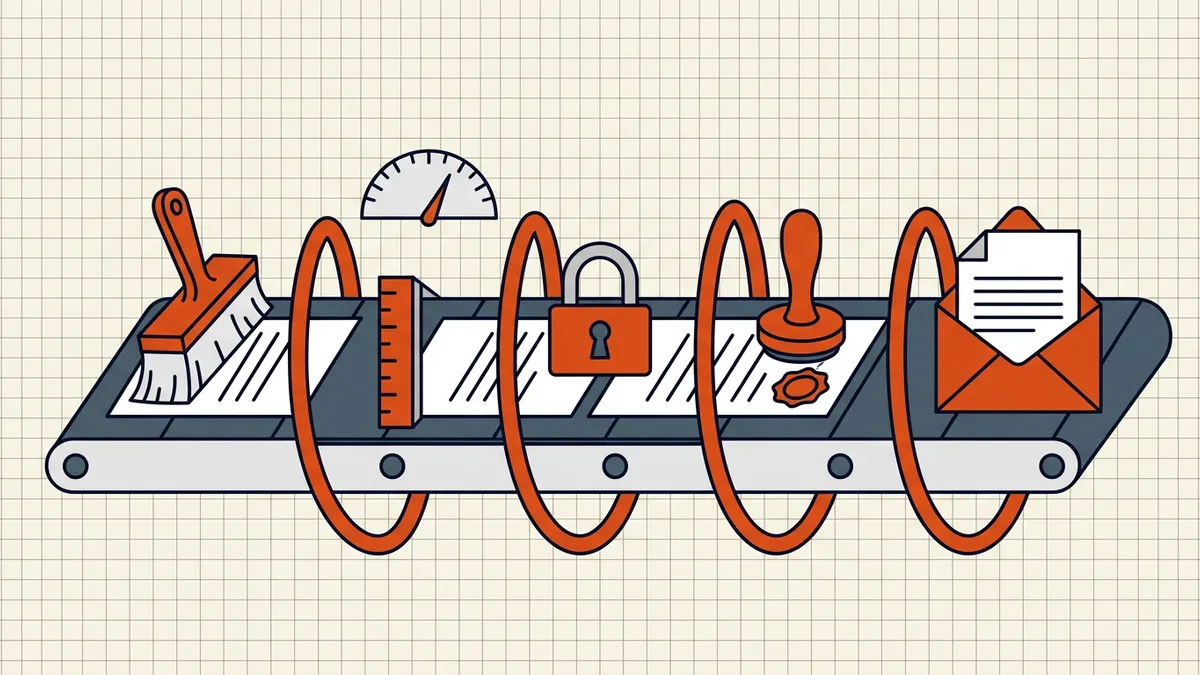 Six-stage secure contract workflow: finalize, clean, size, protect, sign, send