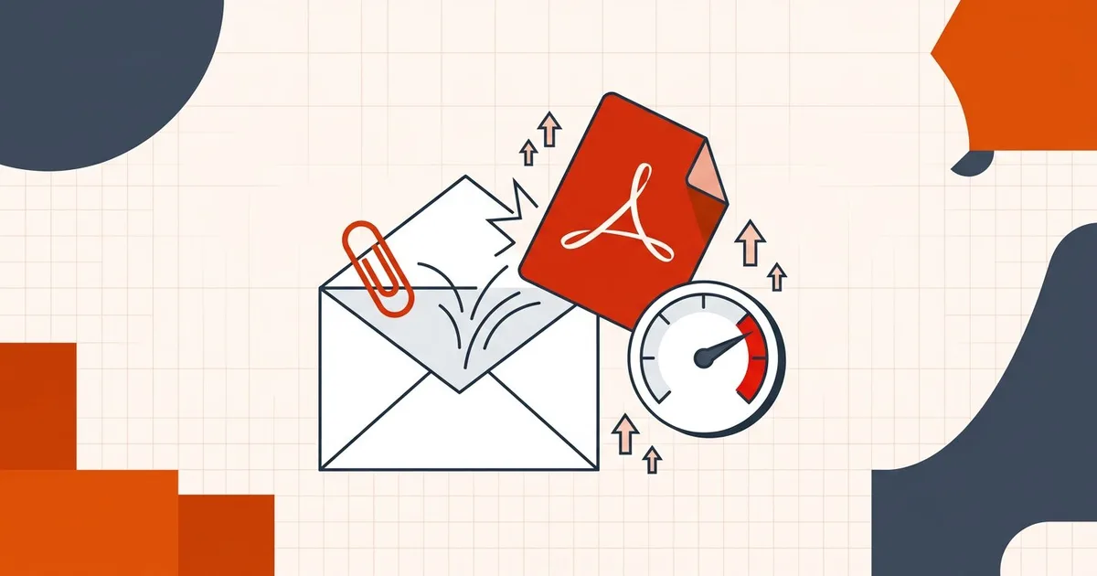 A PDF too large to attach bouncing off an email envelope as the 25 MB attachment limit gauge maxes out