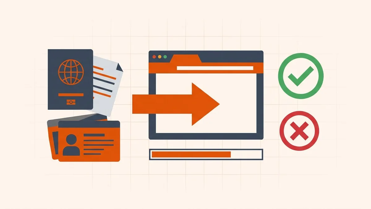 Upload flow for ImmiAccount: passport and identity documents pass through the portal to an acceptance check or a rejection cross