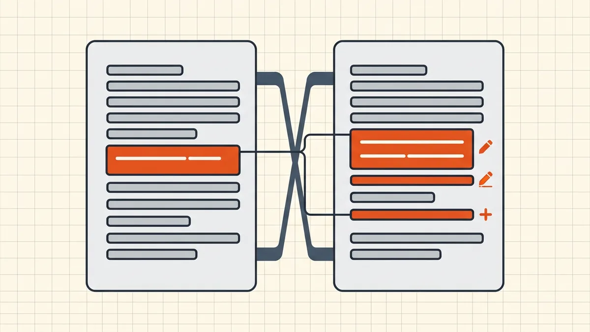 Line-level diff between two PDF versions highlighting added and removed lines