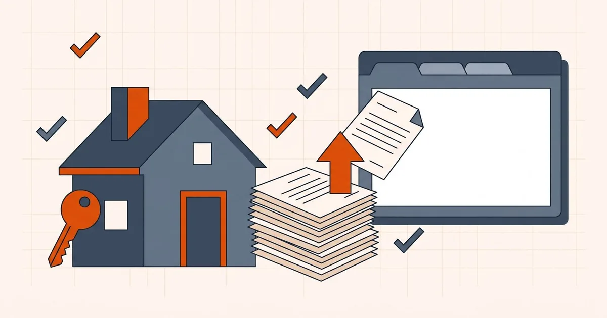 House and key beside a stack of mortgage application documents uploading to a lender portal