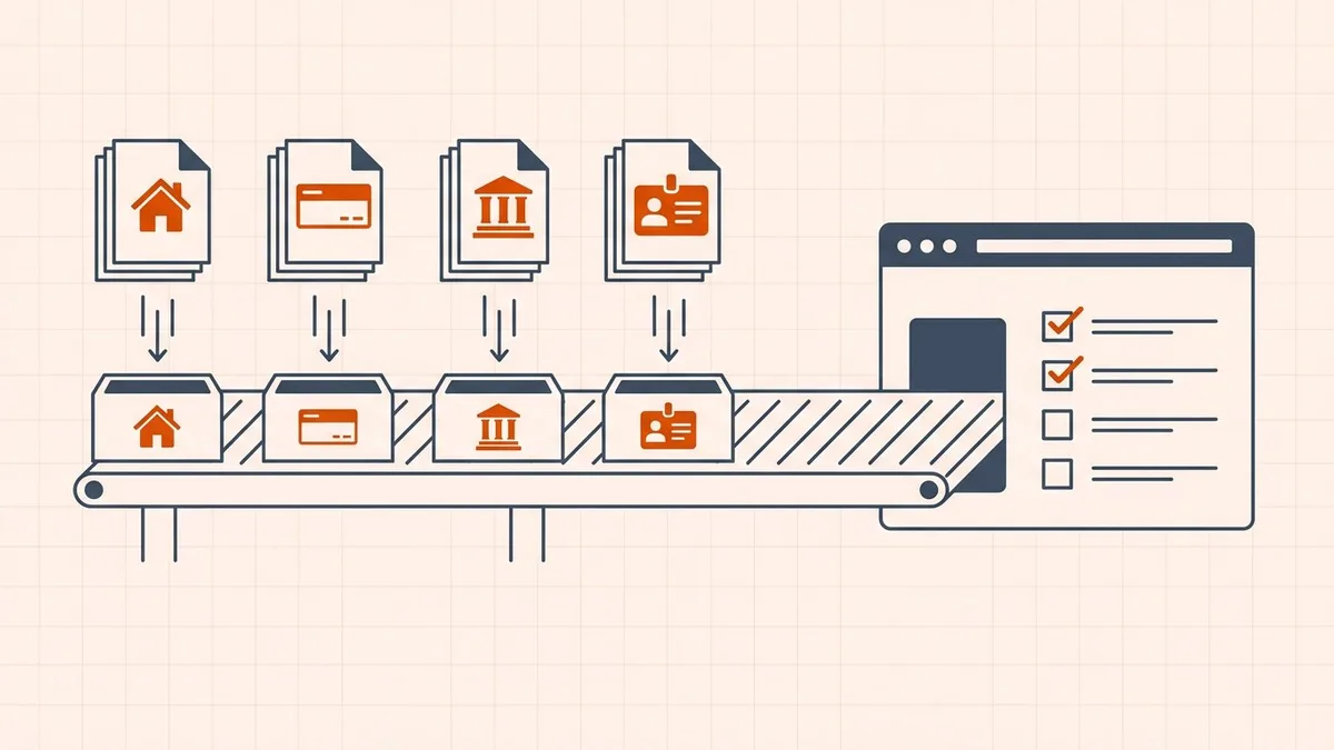 Mortgage upload workflow: house documents, payslips, bank statements, and ID each sorted into portal upload slots