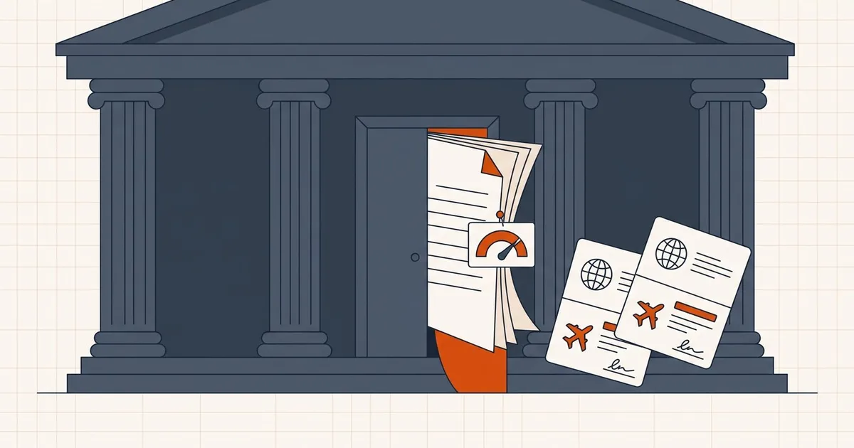 Government building column with a visa document squeezed through a narrow 2 MB upload limit gap