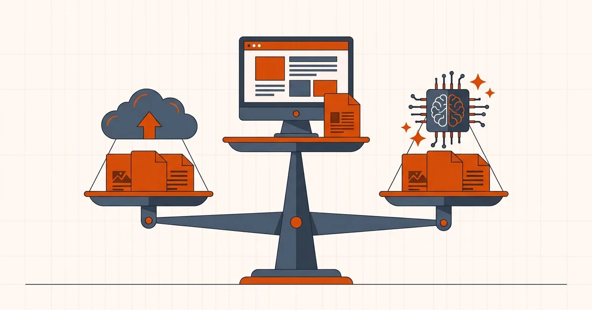 Balance scale weighing online, offline, and AI PDF compression methods with document icons on each pan