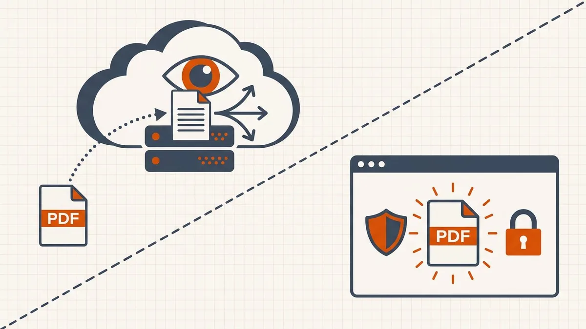 Two data paths for a PDF: uploading to a watched cloud server versus processing inside the browser window behind a shield