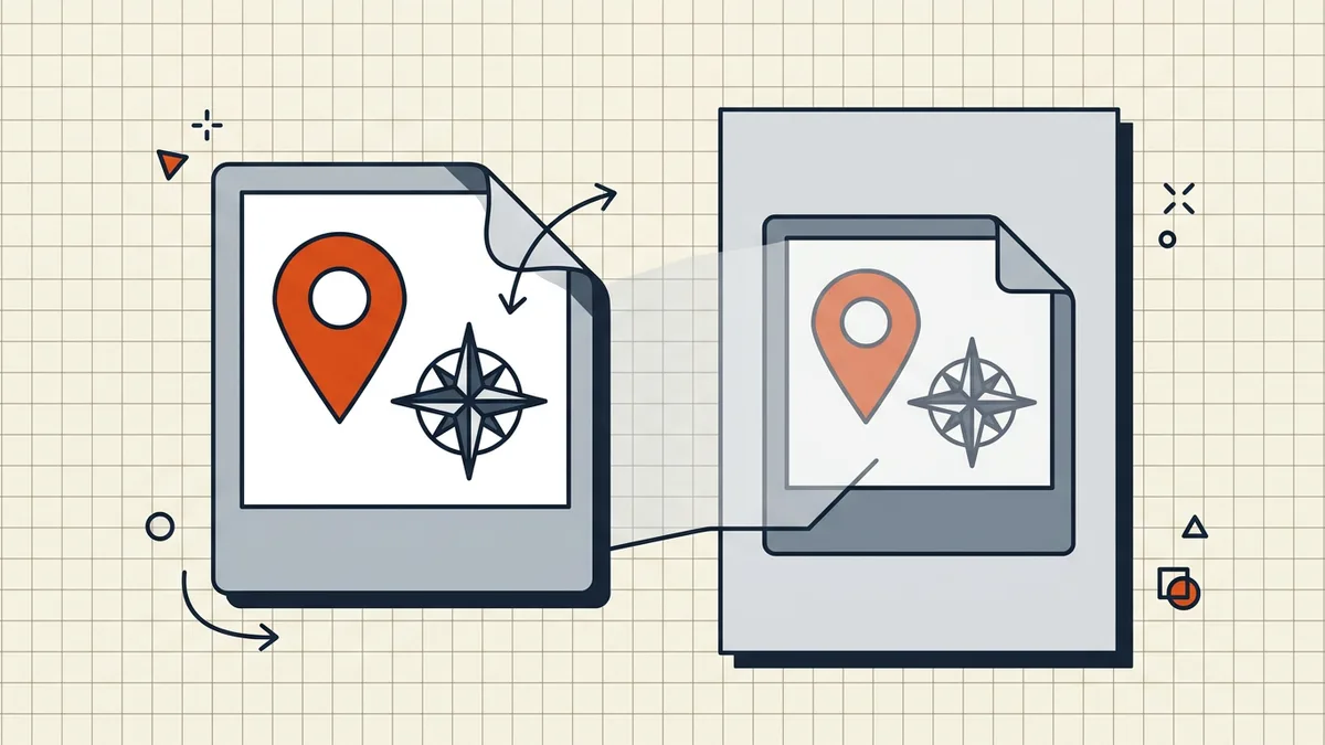 Phone photo with map pin entering a PDF container while document Info stays separate