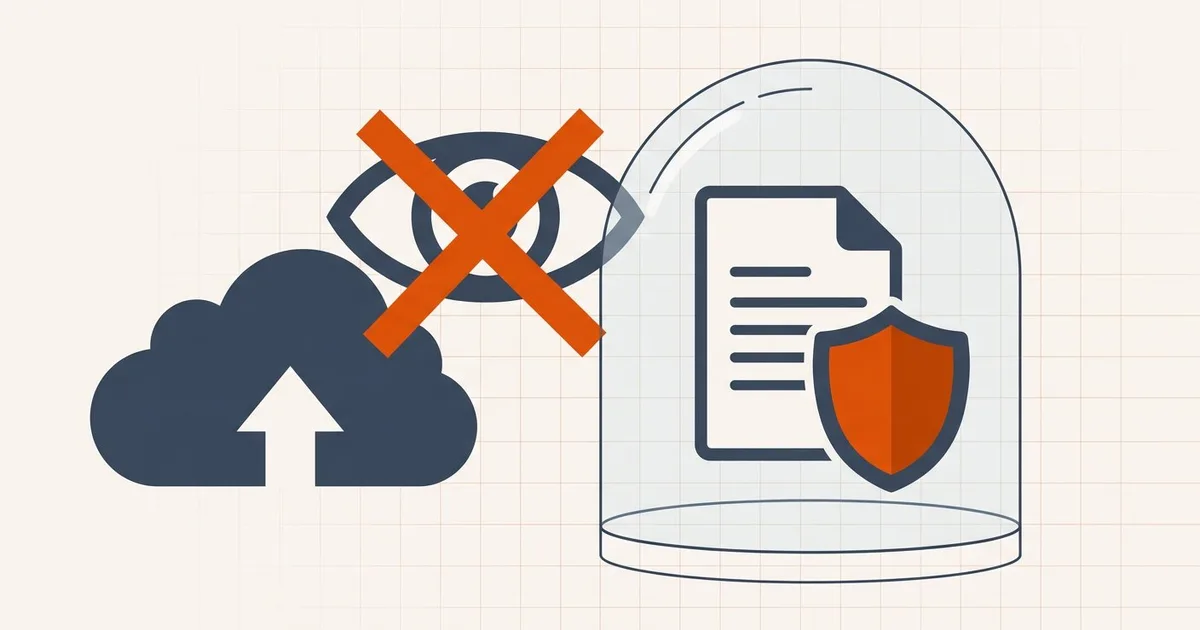 PDF file protected inside a glass dome with a shield while a crossed-out watching eye sits over an upload cloud