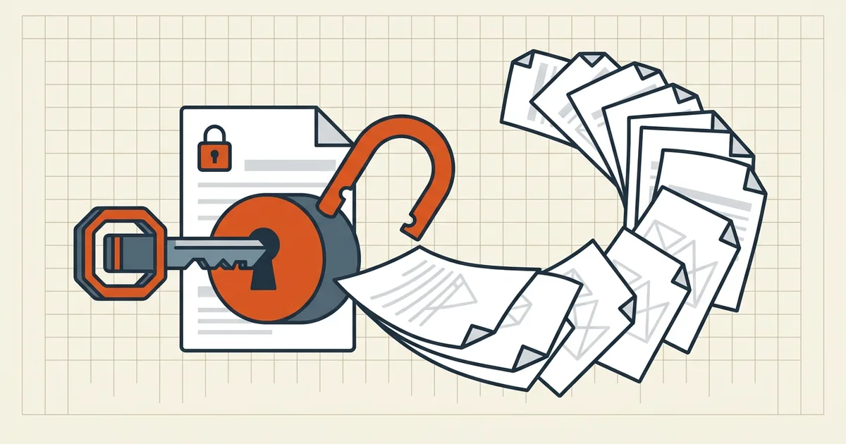 A padlocked PDF page being unlocked with a key and re-saved as an open copy, representing decrypting your own file