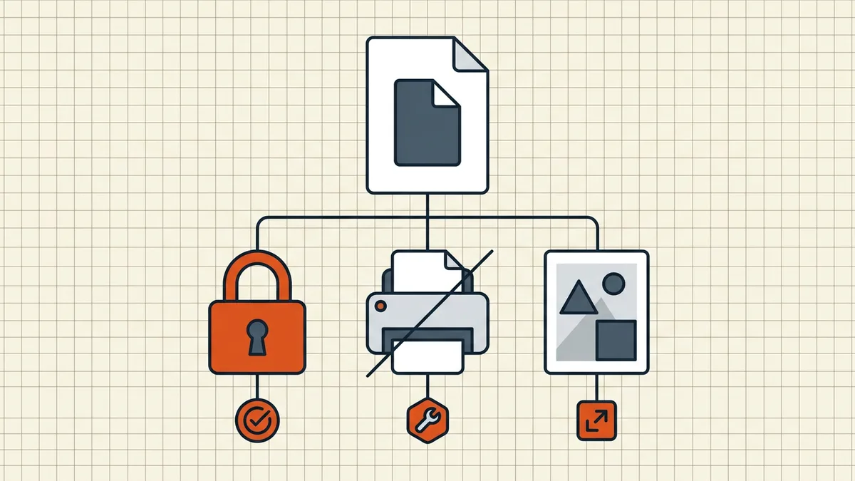 Three causes of blocked print and copy: encryption, permission flags, missing text layer