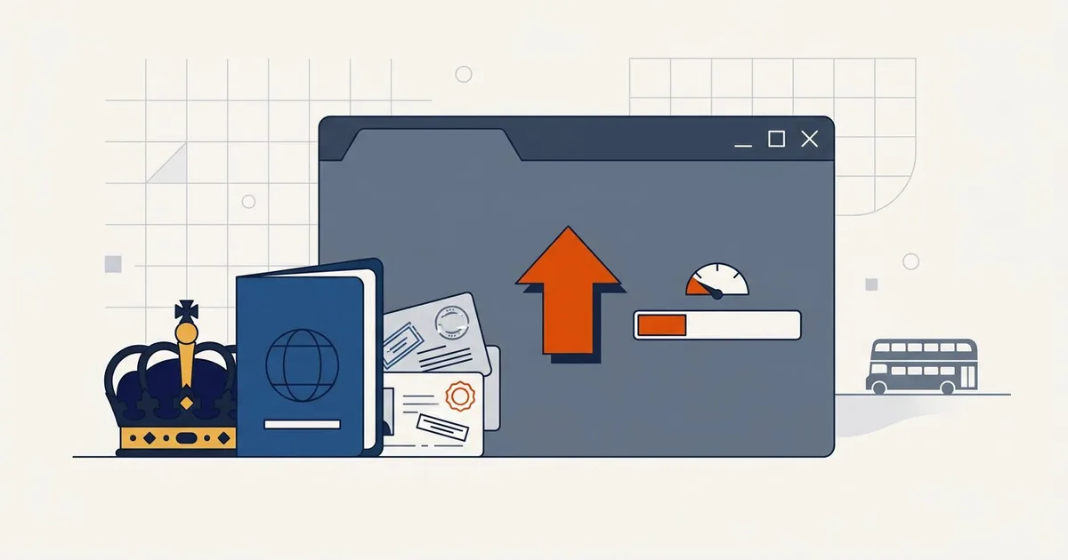 Crown and passport beside visa documents uploading to the UK visa portal with a strict size gauge