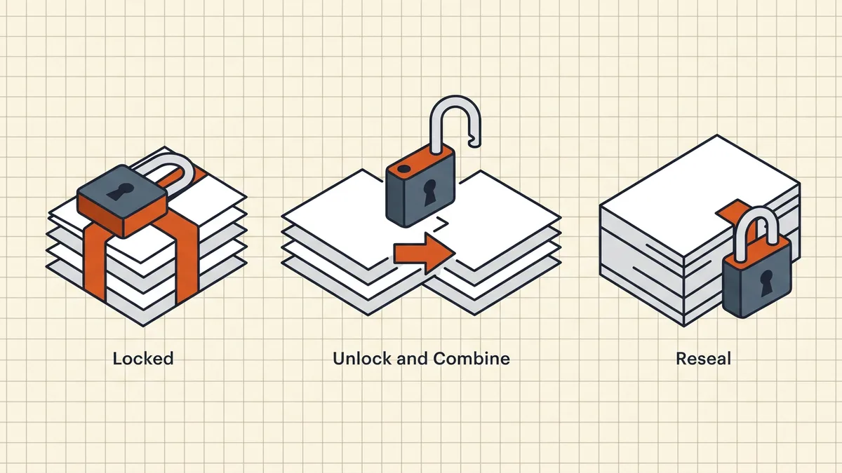 Unlock each encrypted PDF, merge plain copies, optional re-protect