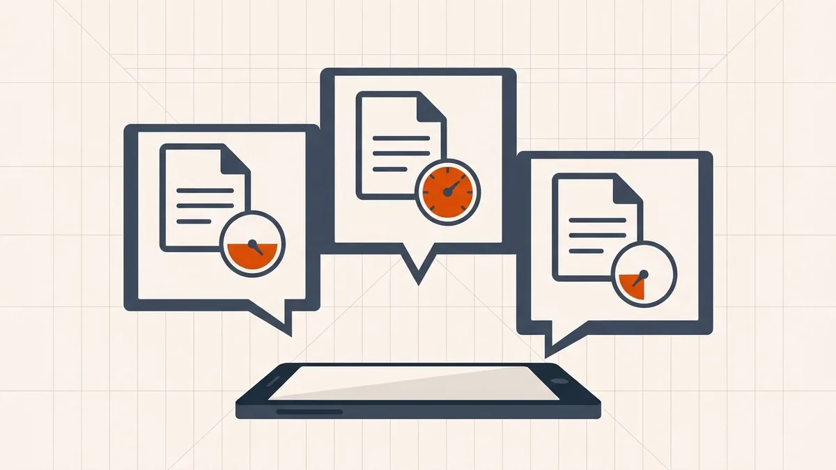 PDF file size limits across three messaging apps shown as chat bubbles with different gauge fill levels