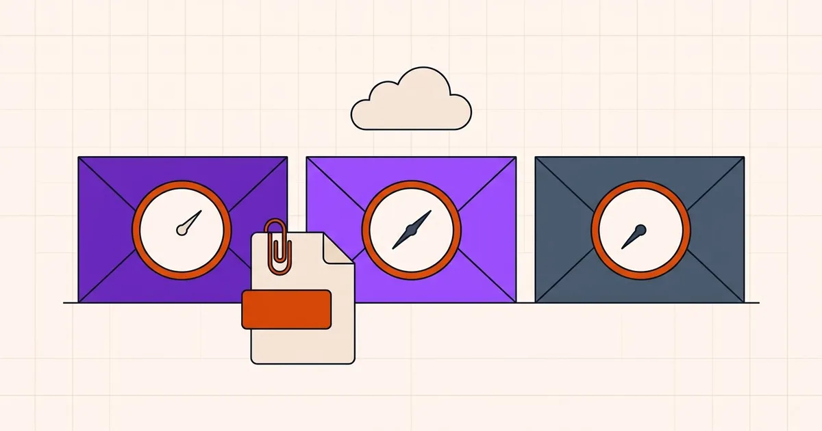 Three email envelopes in a row, each with a different attachment size limit gauge, and a clipped PDF